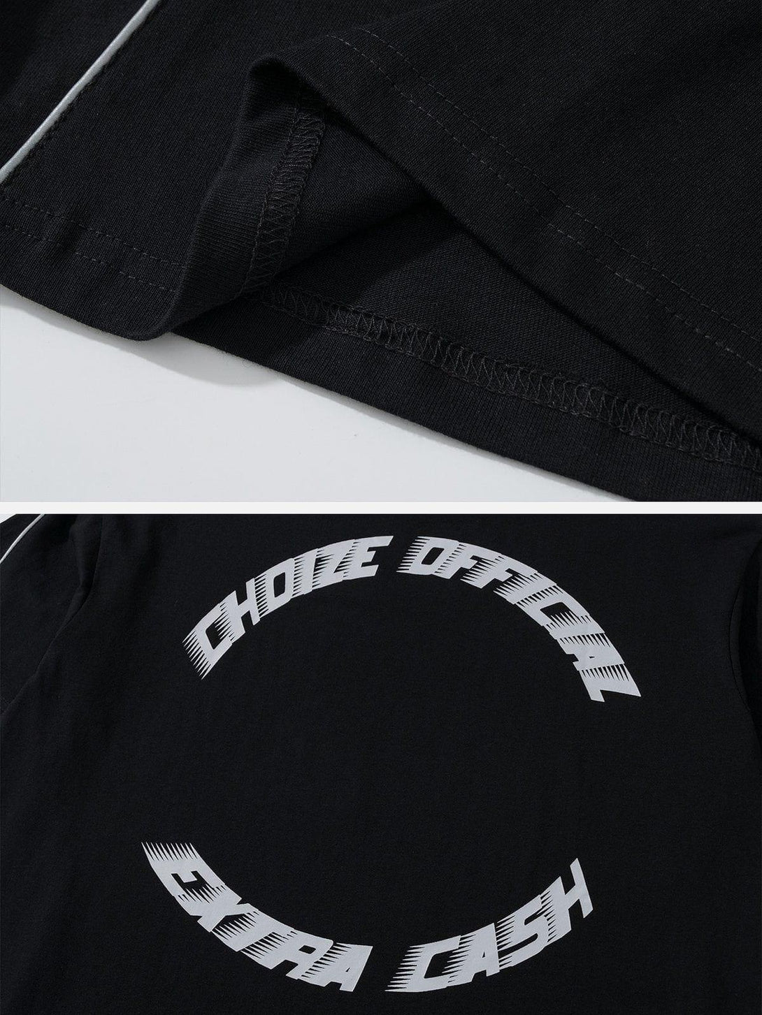Detailed look at TALISHKO racing elements stripe tee, highlighting bold text on black fabric.