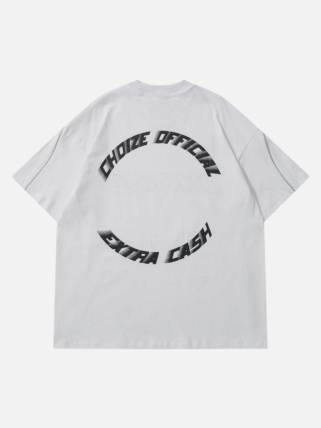 Back view of TALISHKO racing elements stripe tee, featuring bold text design on white fabric.