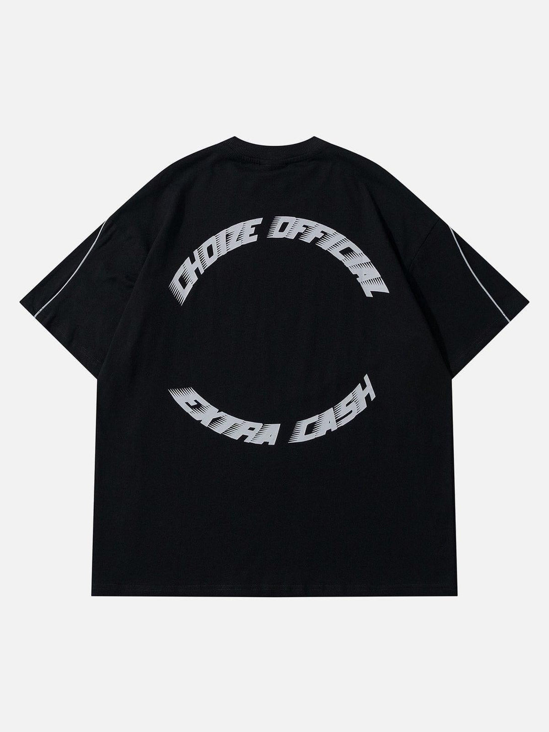 Back view of TALISHKO racing elements stripe tee featuring bold text design on black fabric.
