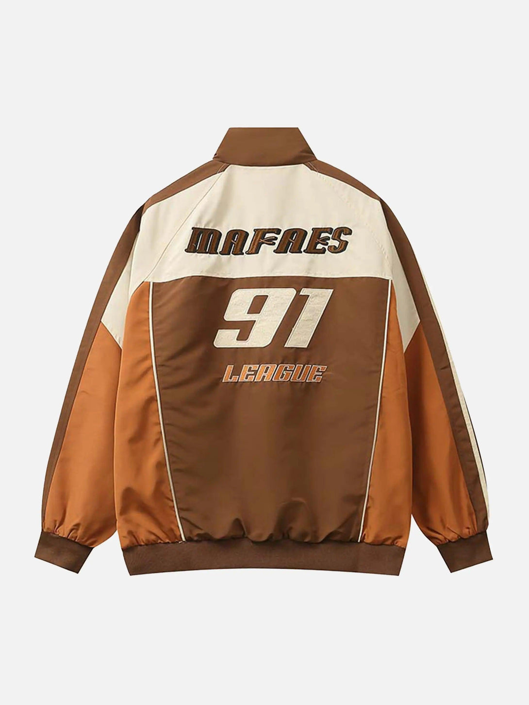 Back view of TALISHKO racing jacket showcasing embroidered details and patchwork design.