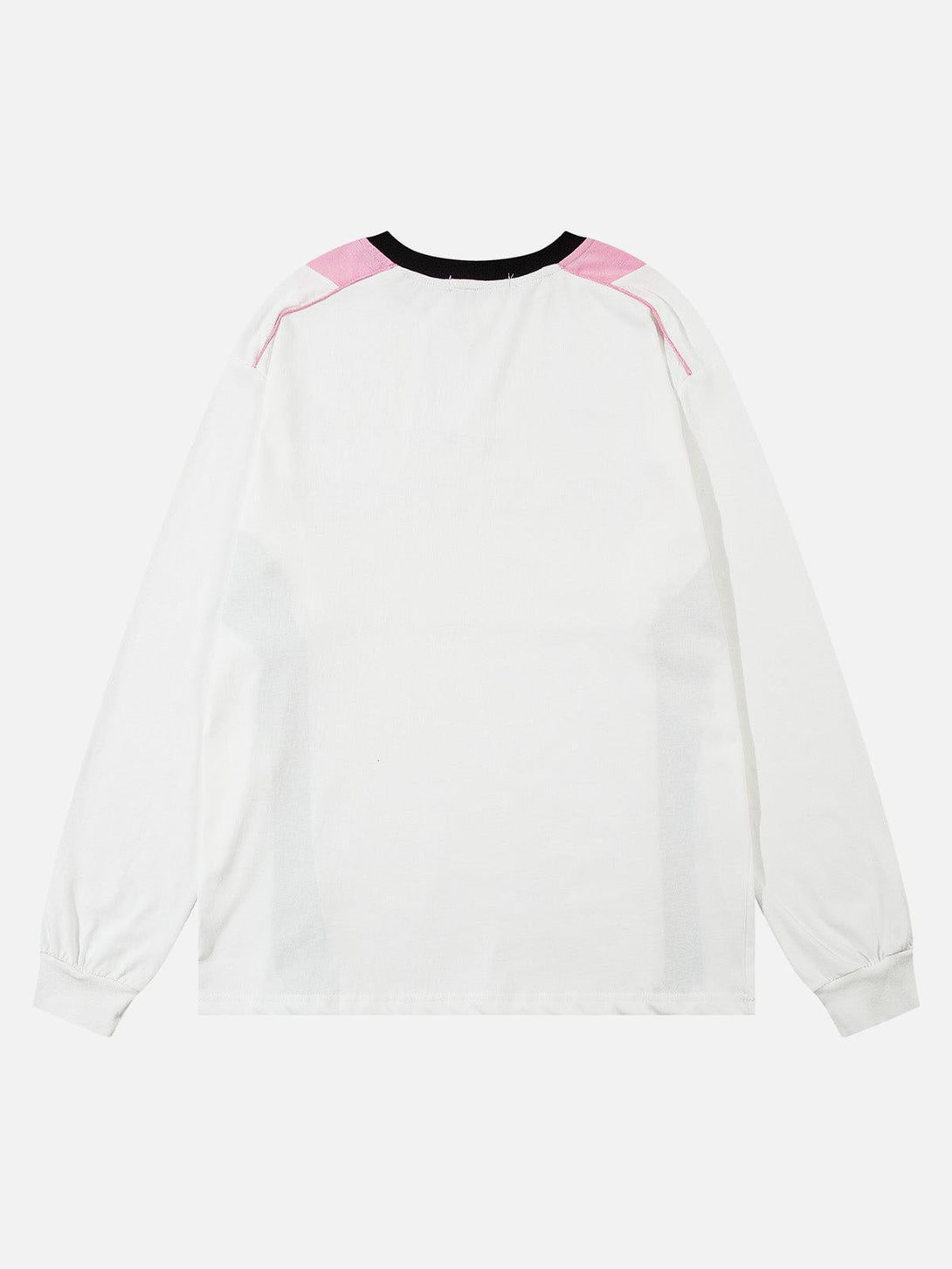 Back view of a TALISHKO oversized long sleeve T-shirt with pink shoulder accents.