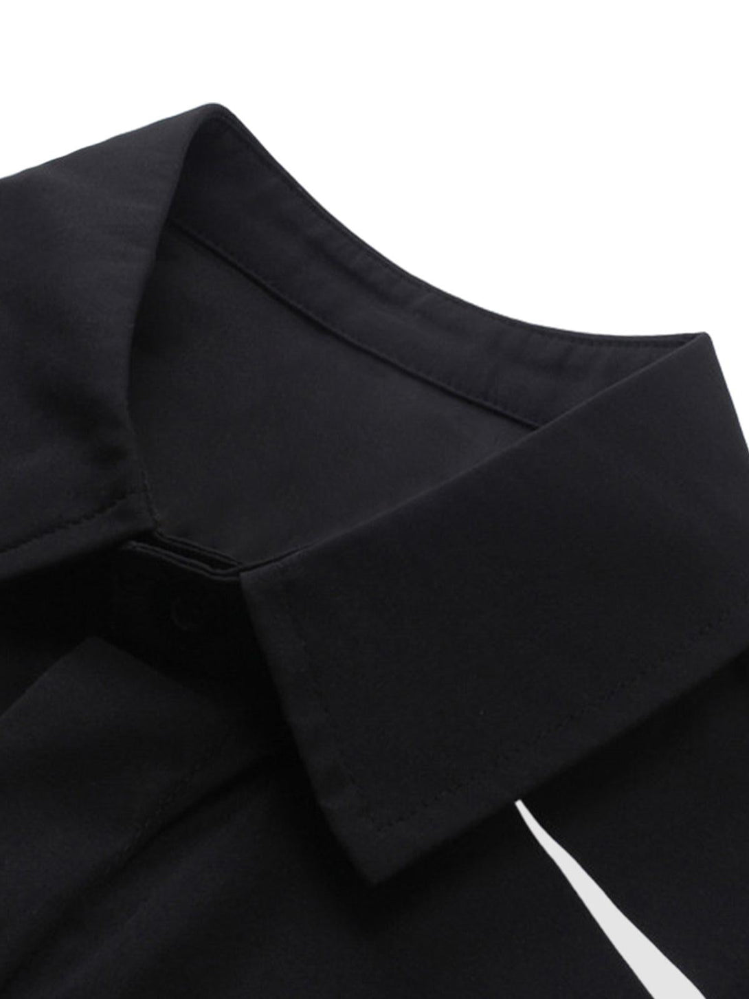 A detailed view of the collar on a black racing-style shirt by TALISHKO, highlighting sleek design.