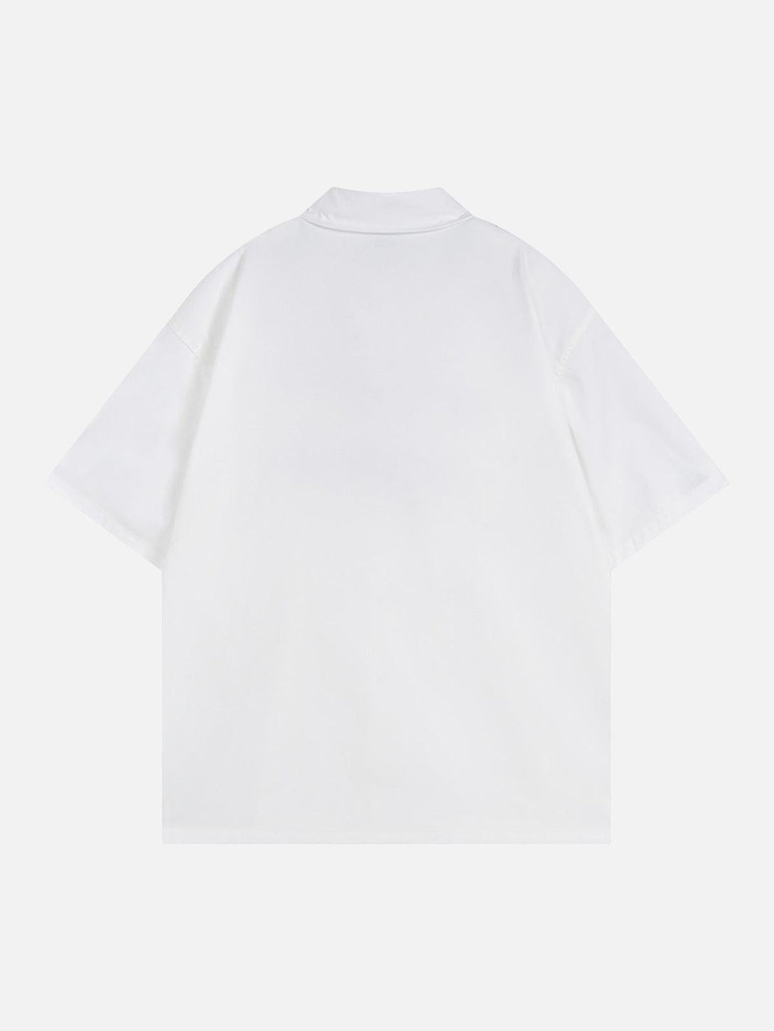 The back view of a white oversized short sleeve shirt by TALISHKO, showcasing a minimalist design.