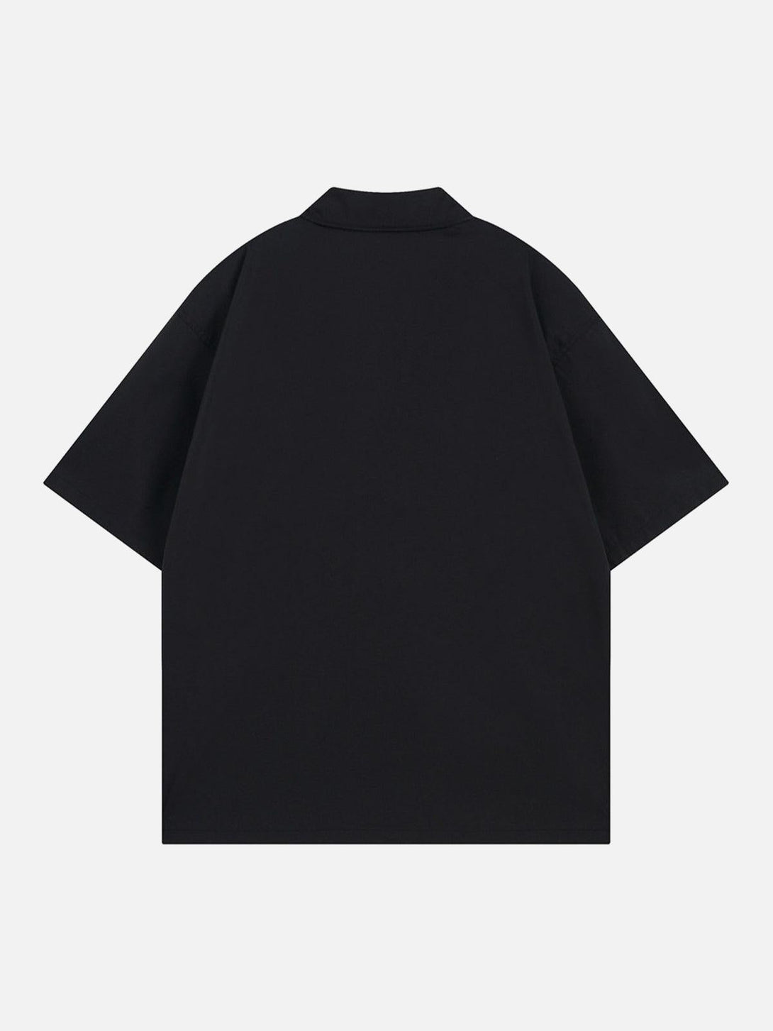Back view of a black oversized short sleeve shirt by TALISHKO, highlighting a sleek design.