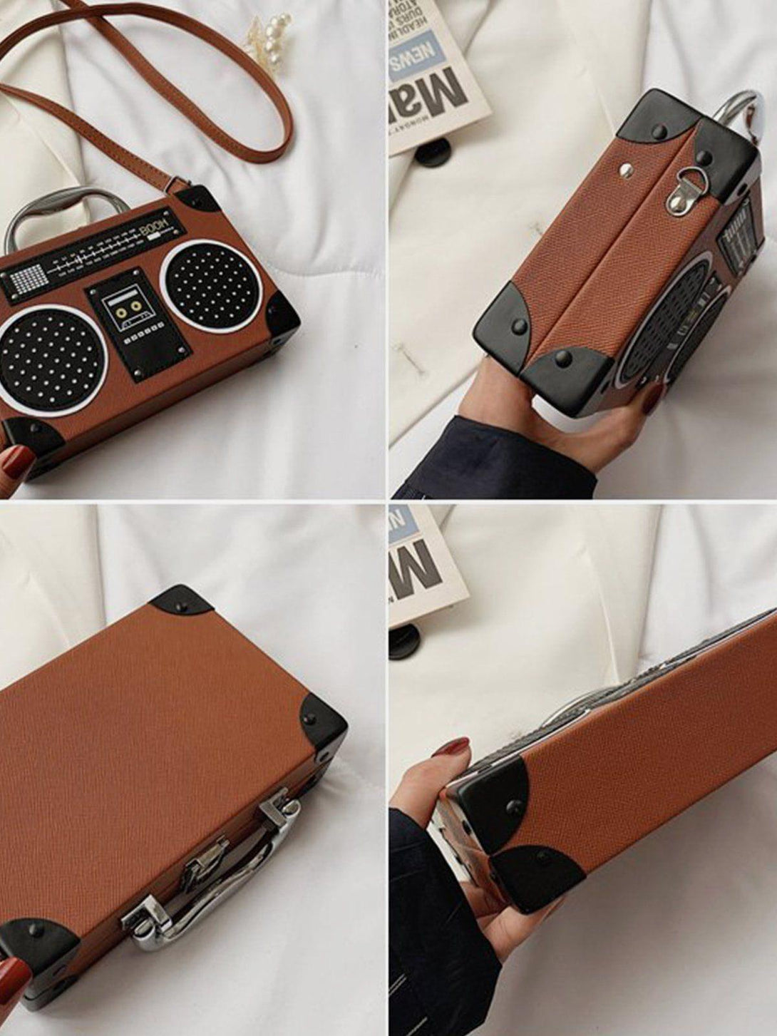 Retro-inspired radio style crossbody bag by TALISHKO, showcasing unique design details.