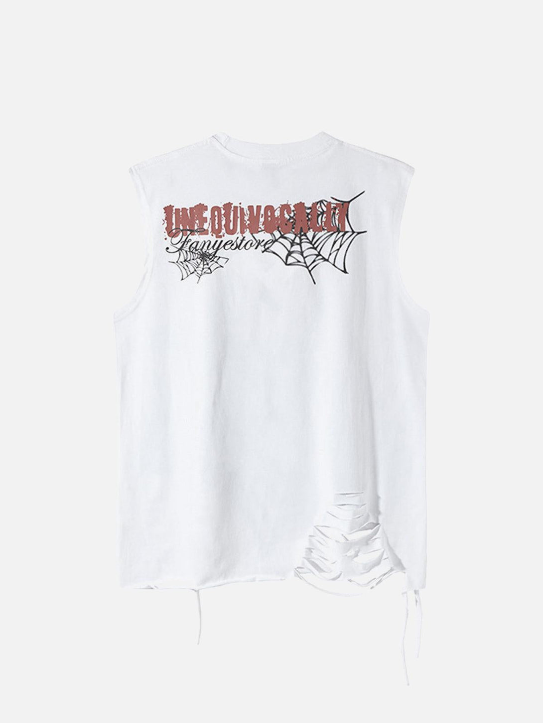 Back view of white vest with spider web graphics and ragged hem, by TALISHKO.