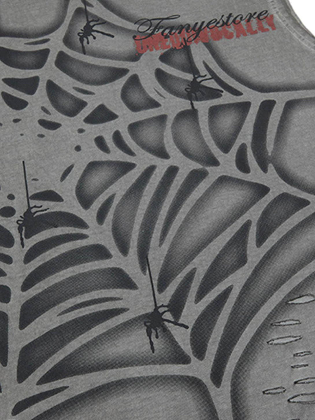 Intricate look at spider web design on gray vest, detailed view by TALISHKO.
