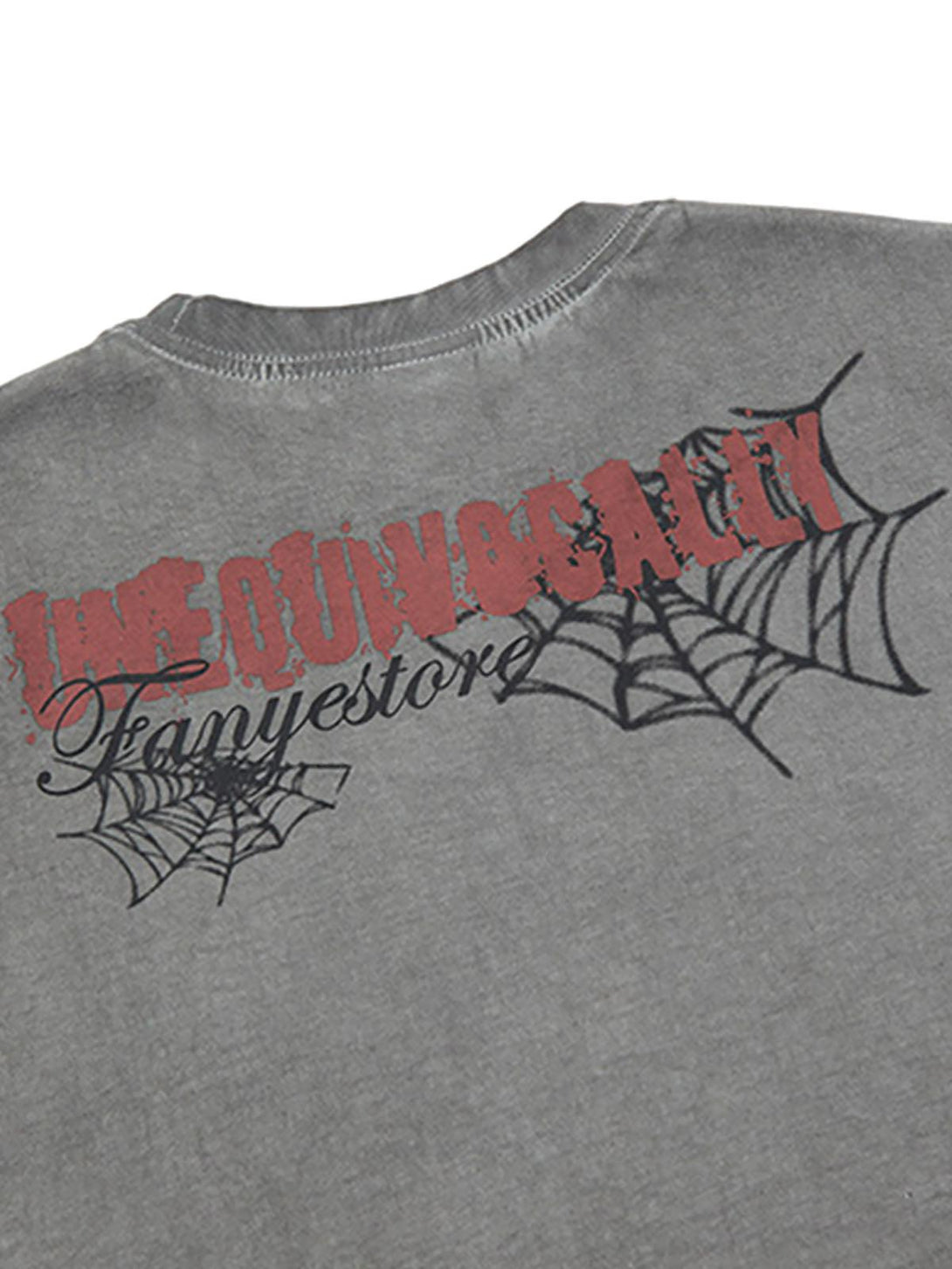 Back view of a gray vest featuring spider web graphics and edgy details by TALISHKO.