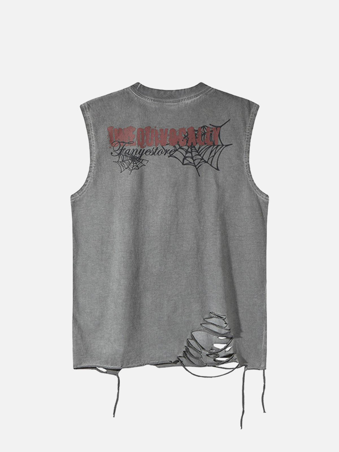 Back view of a gray vest with spider web graphics and ragged hem, designed by TALISHKO.