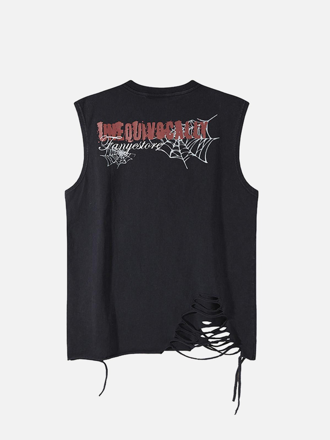 Back view of black vest with spider web graphics and ragged hem, by TALISHKO.