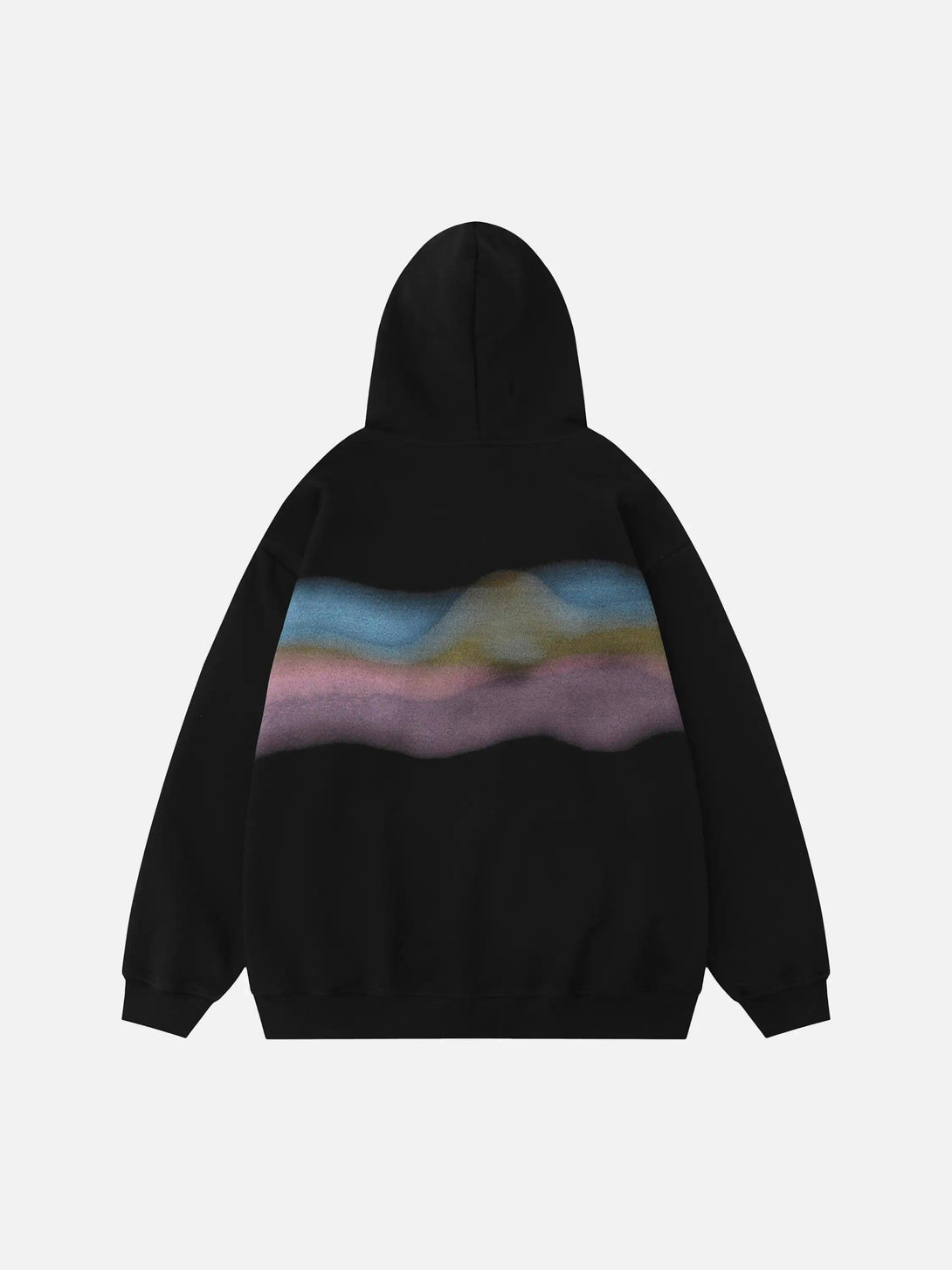 Back view of black hoodie with abstract rainbow design by TALISHKO, ideal for unique style.