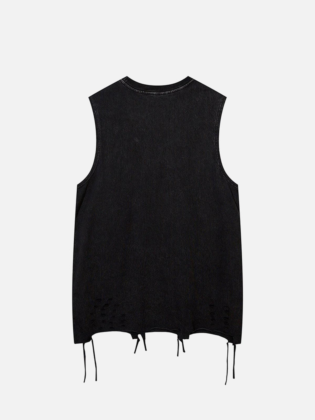 Back view of a black vest by TALISHKO, featuring raw edges and a distressed aesthetic.