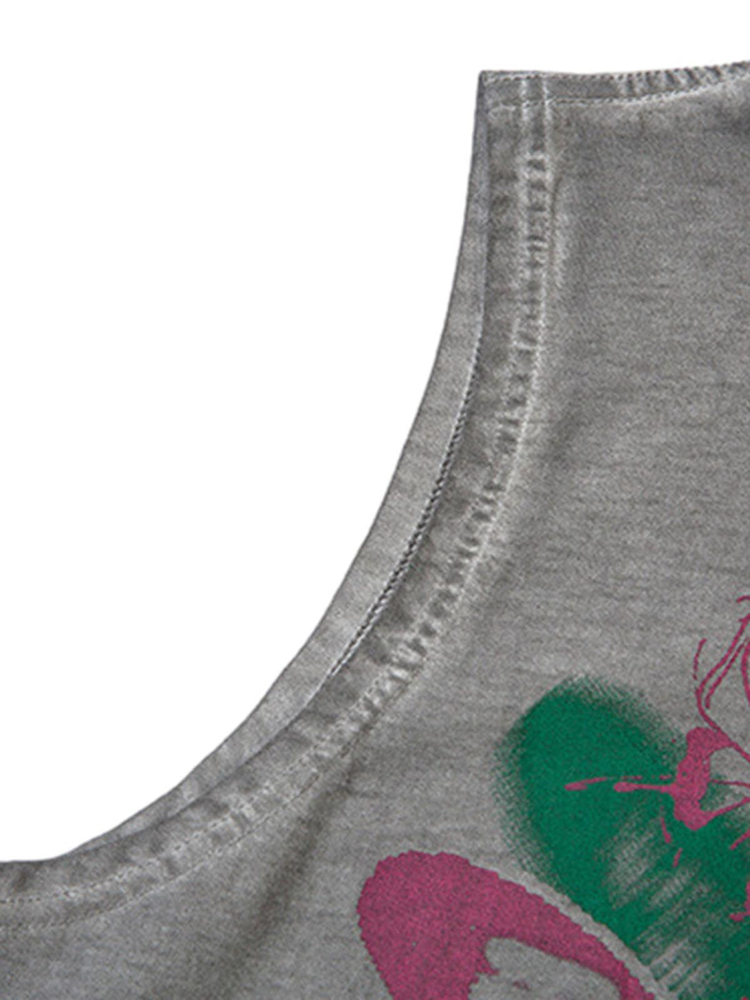 A tight crop highlighting the raw edges and colorful butterfly print on a TALISHKO vest.