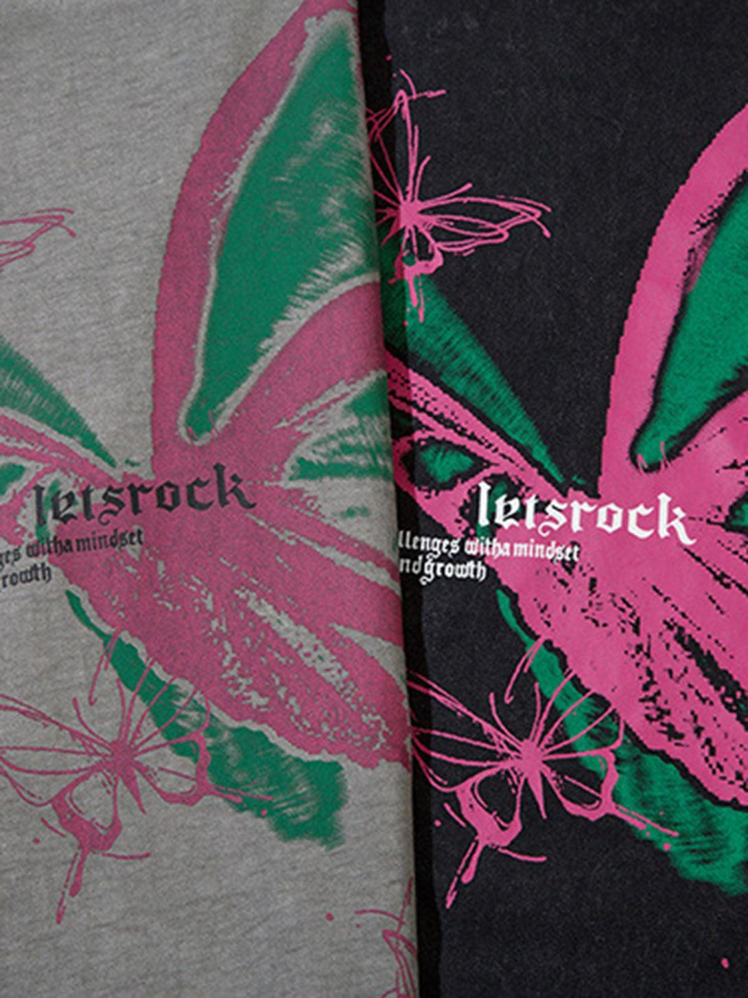 A close-up of TALISHKO vests featuring vibrant butterfly prints and raw edge details.
