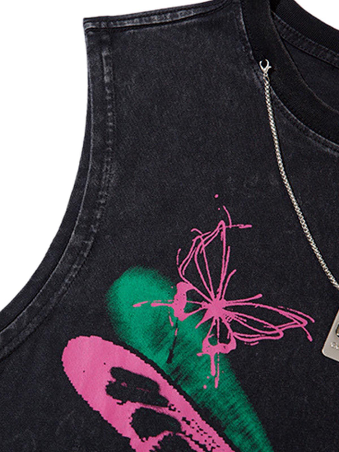 A detailed look at the butterfly print on a TALISHKO vest, featuring raw edges and vivid colors.