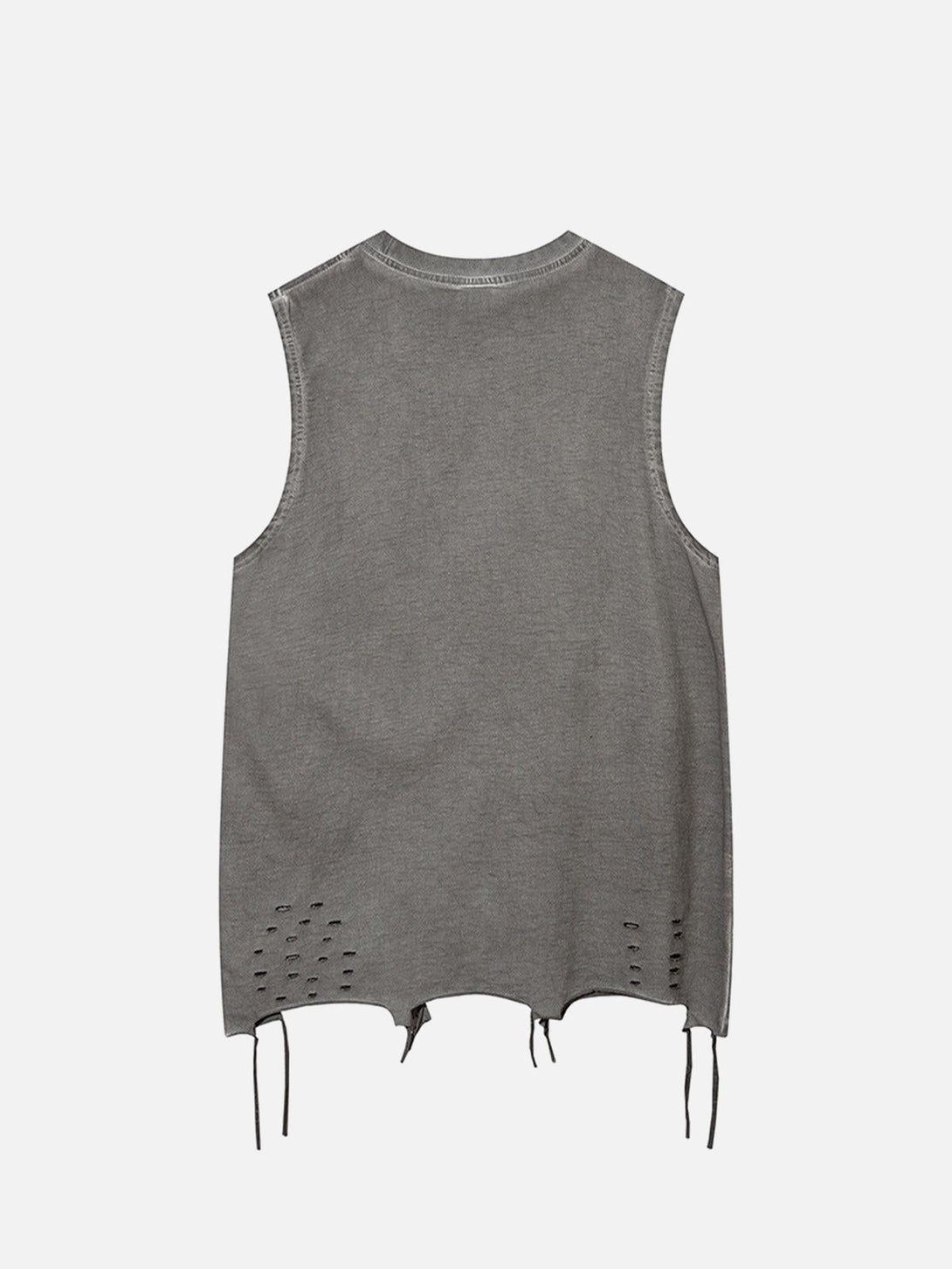 Back view of a gray vest by TALISHKO, showcasing raw edges and a distressed design.
