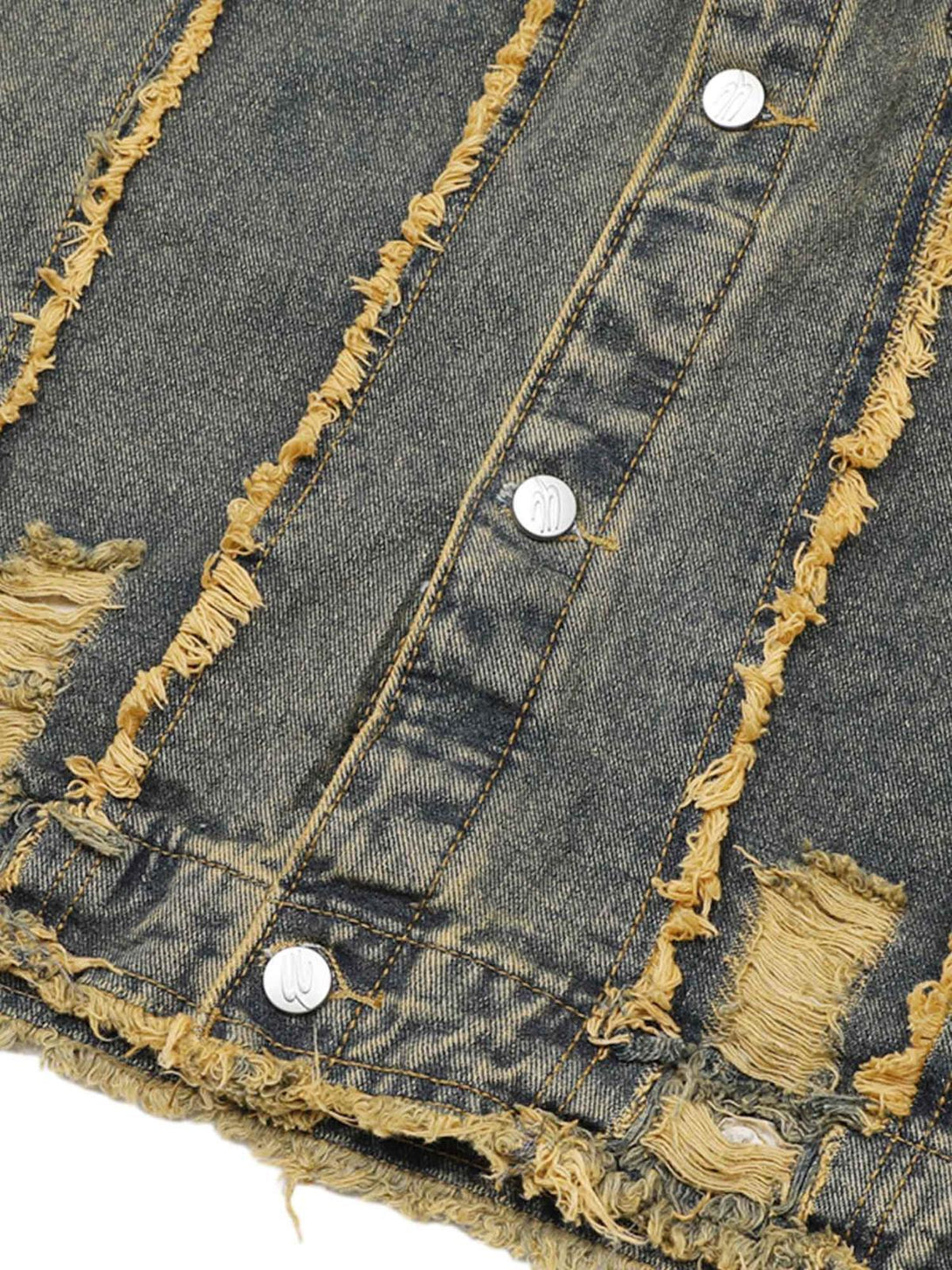 Focusing on TALISHKO's distressed denim jacket, highlighting raw edges and button details.