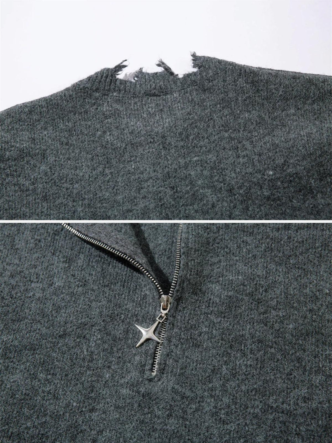 Intricate look at TALISHKO's raw edge half-zip sweater, showcasing unique zipper detail.