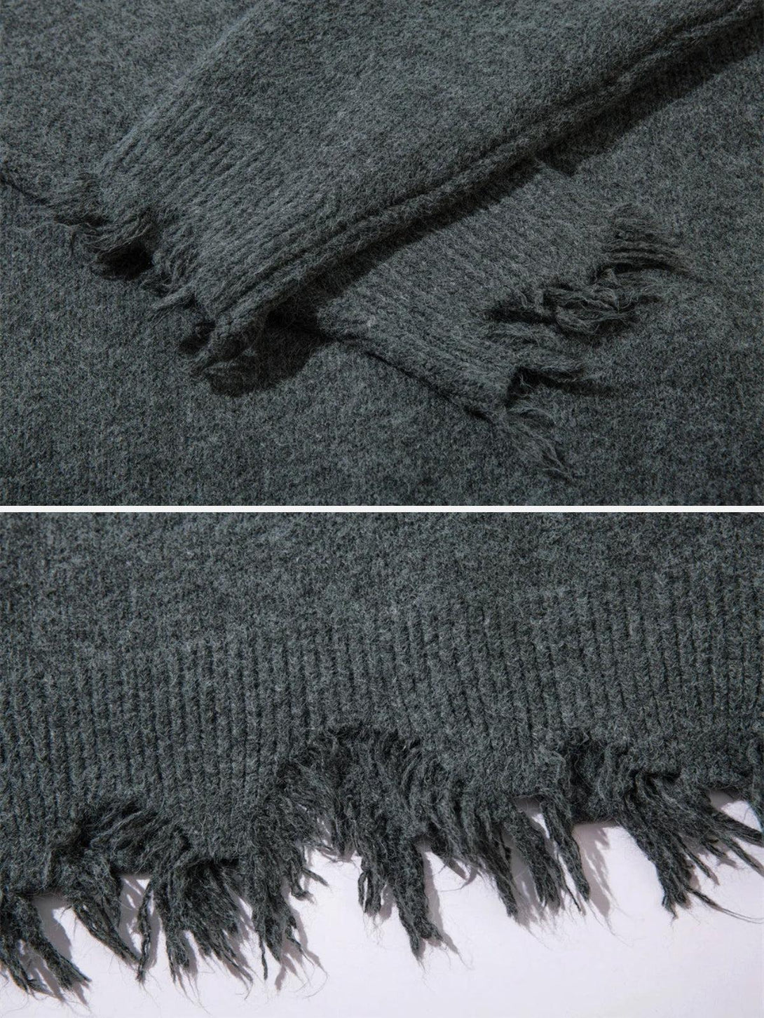 Detailed fabric and raw edge design of TALISHKO's knitted sweater, highlighting texture.
