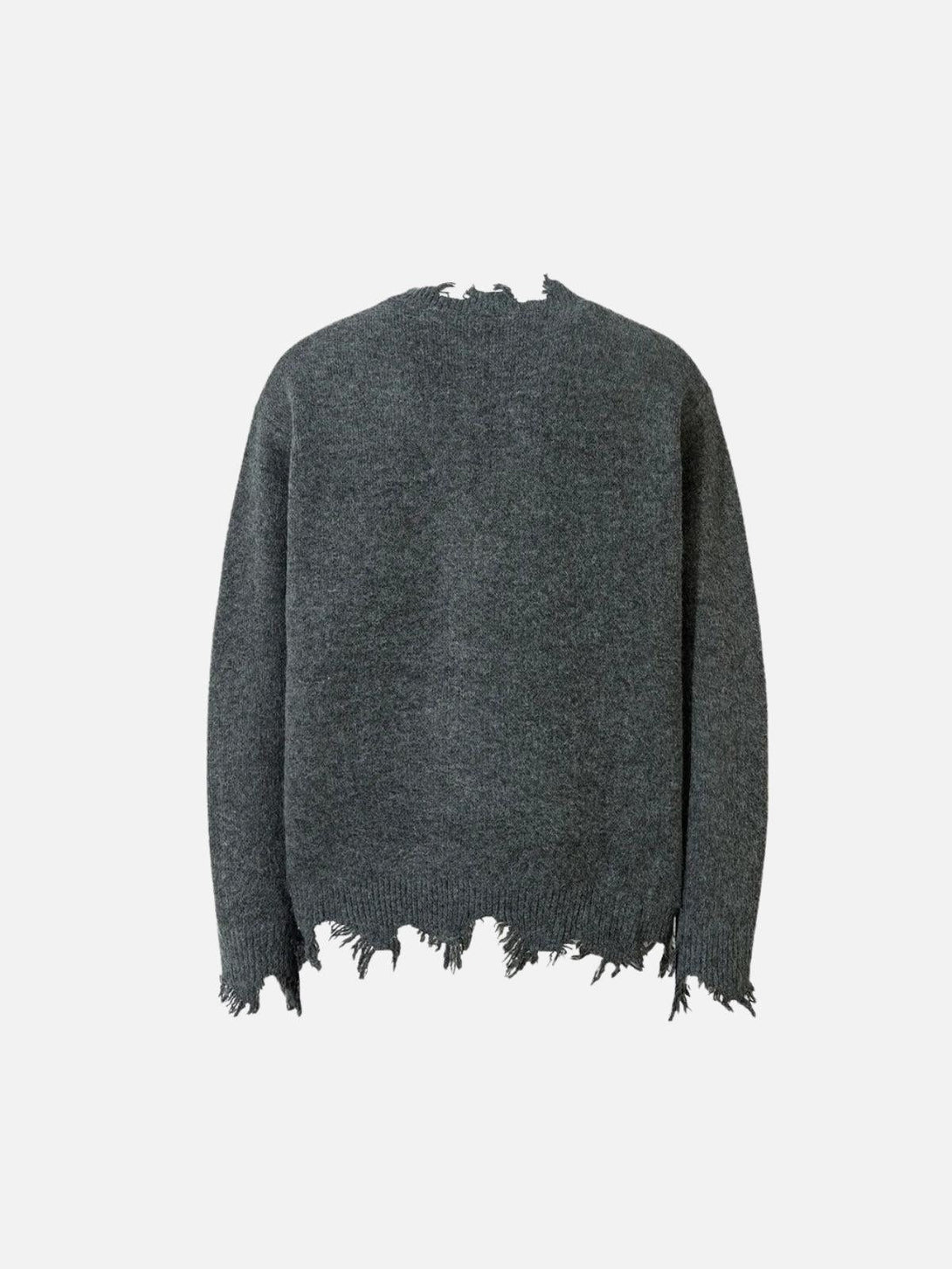 Back view of a TALISHKO raw edge knitted sweater, highlighting its unique distressed design.