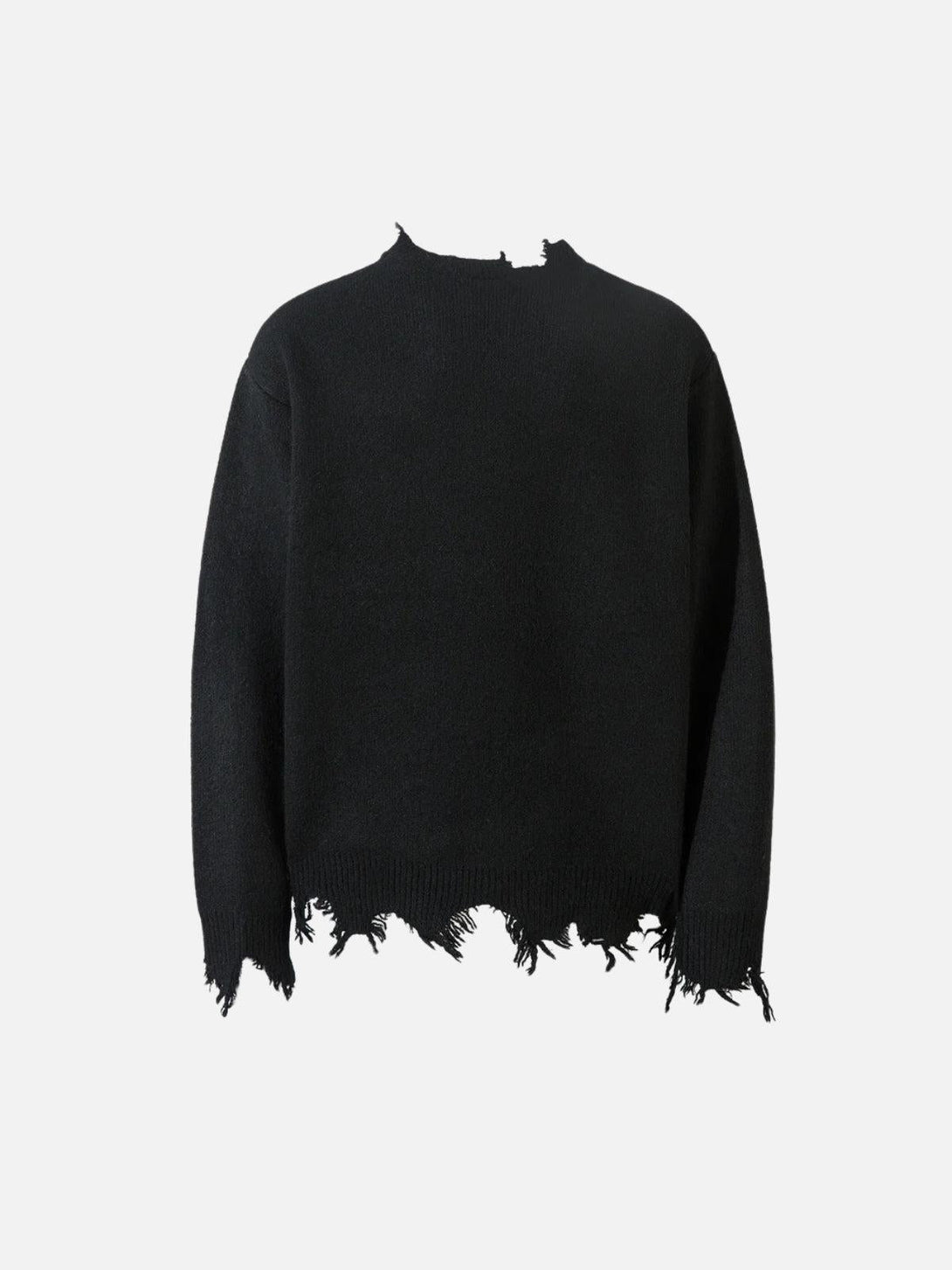 Front view of a black raw edge sweater by TALISHKO, highlighting its edgy distressed finish.
