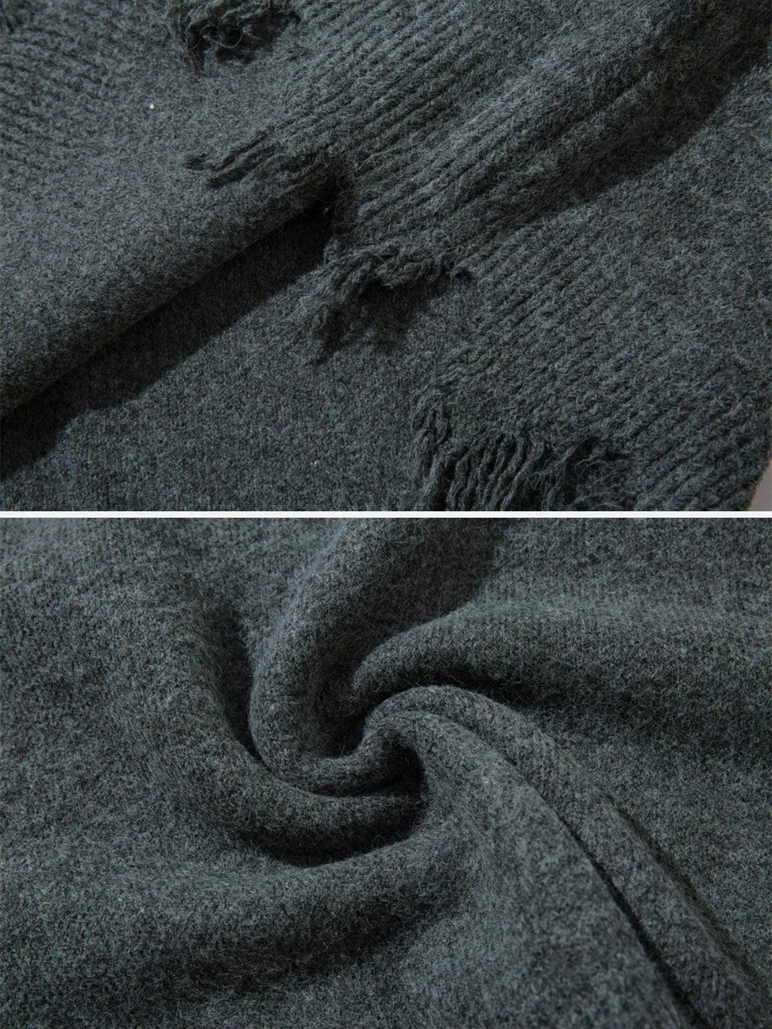 A detailed view of TALISHKO's knitted sweater texture, highlighting its raw edge design.