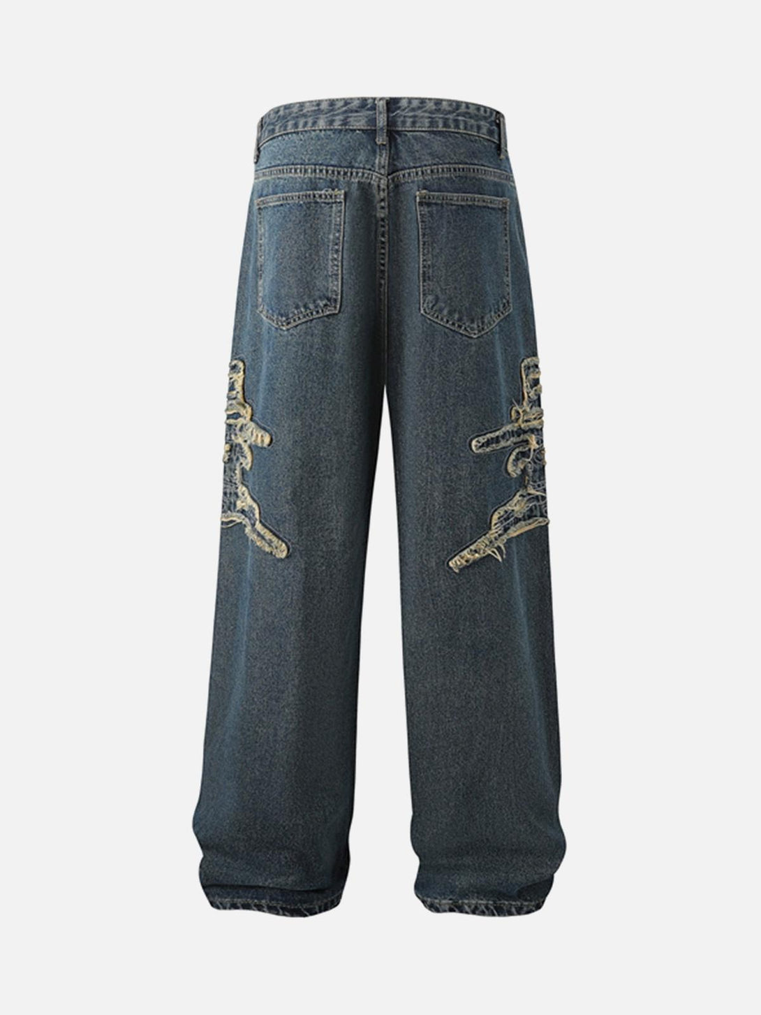 Back view of TALISHKO raw edge patch straight jeans, highlighting unique denim details.