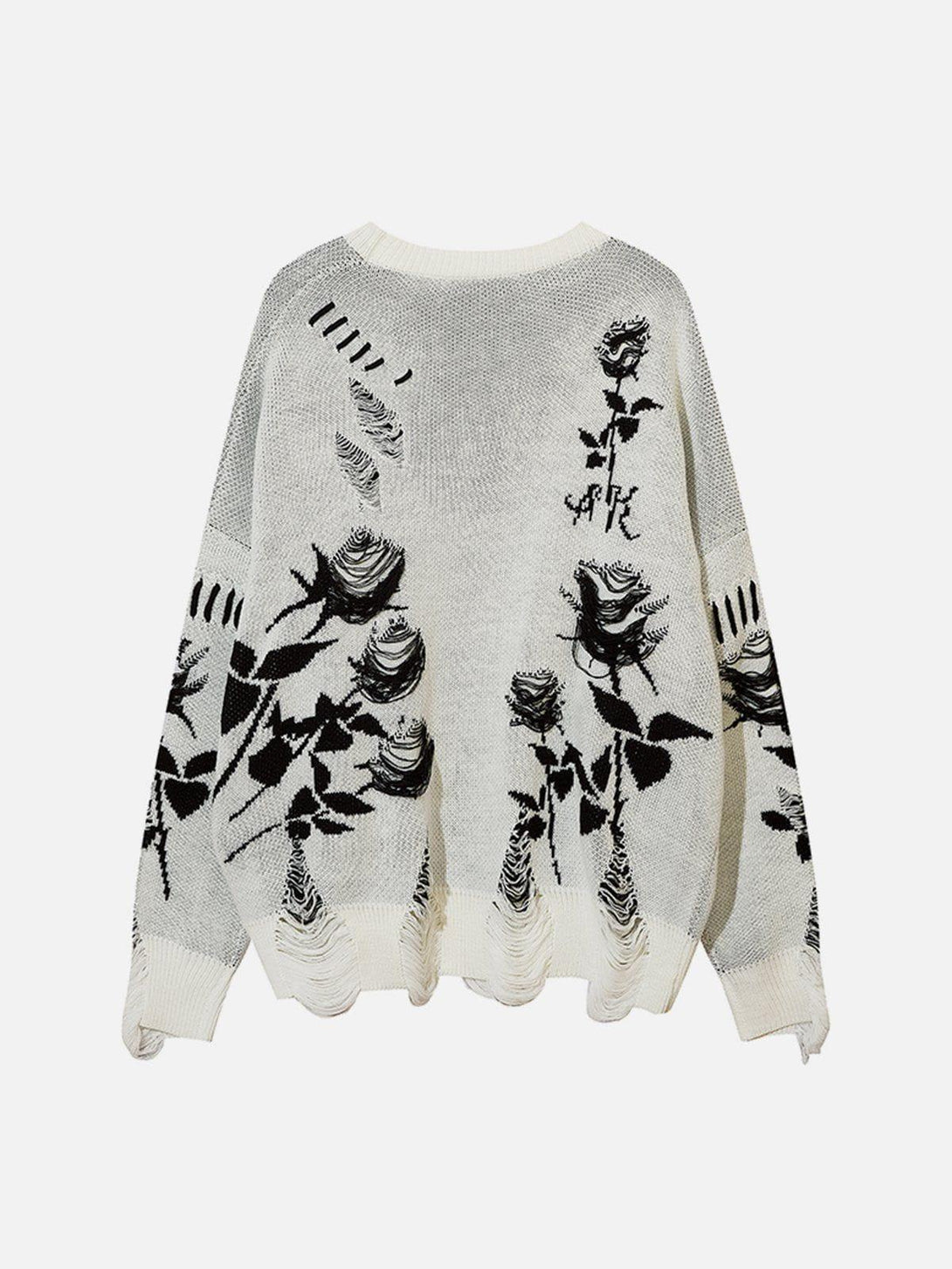 Back view of TALISHKO sweater, highlighting raw edges and artistic black rose design.