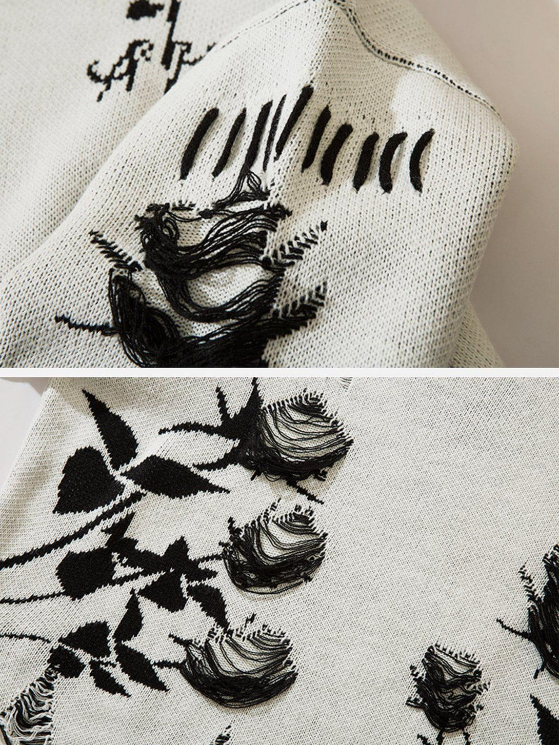 A detailed view of TALISHKO sweater's unique black rose design with raw edges and texture.