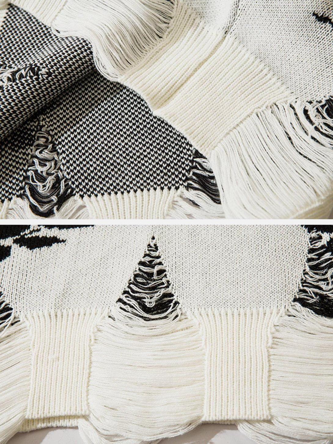 Texture and pattern showcased in TALISHKO sweater, highlighting raw edge and unique design.