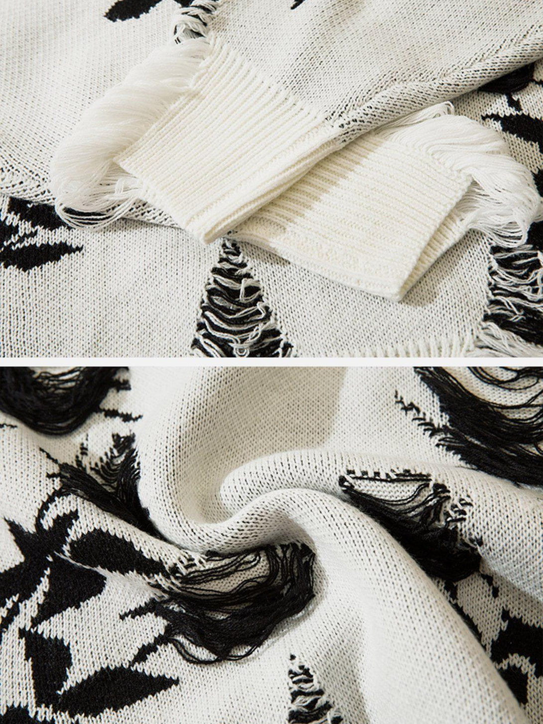 Detailed fabric and stitching of TALISHKO sweater, highlighting raw edge rose design.
