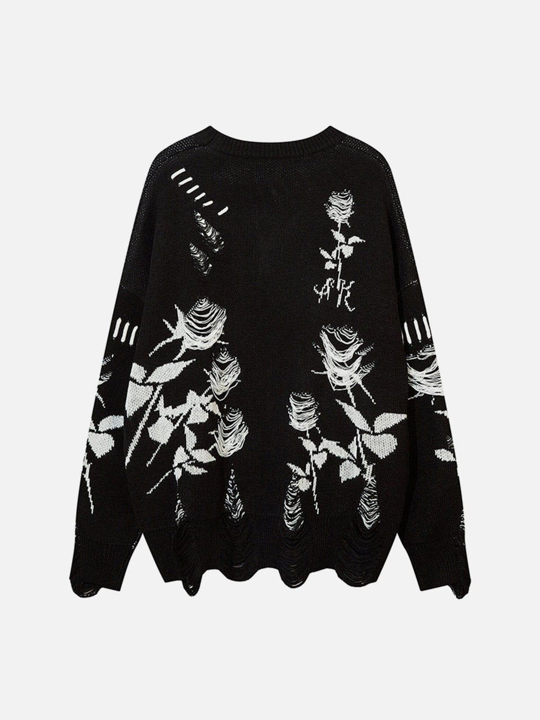 Back view of TALISHKO sweater featuring a striking black and white rose pattern design.