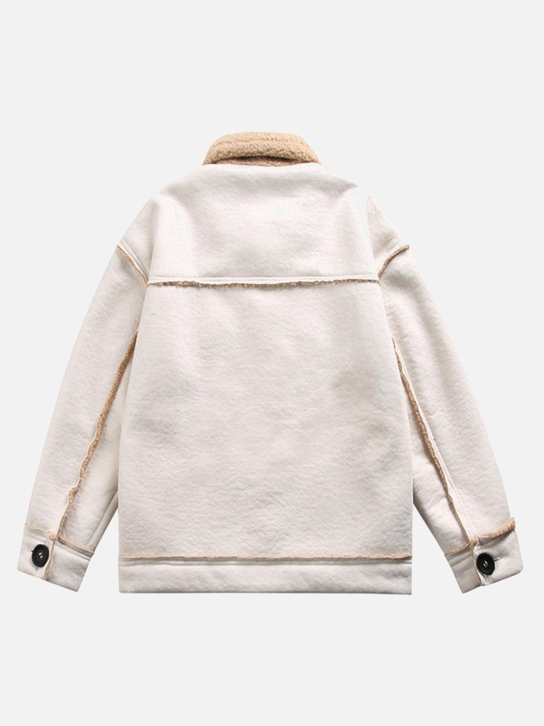 Back view of white fleece jacket with raw edges and cozy feel by TALISHKO.