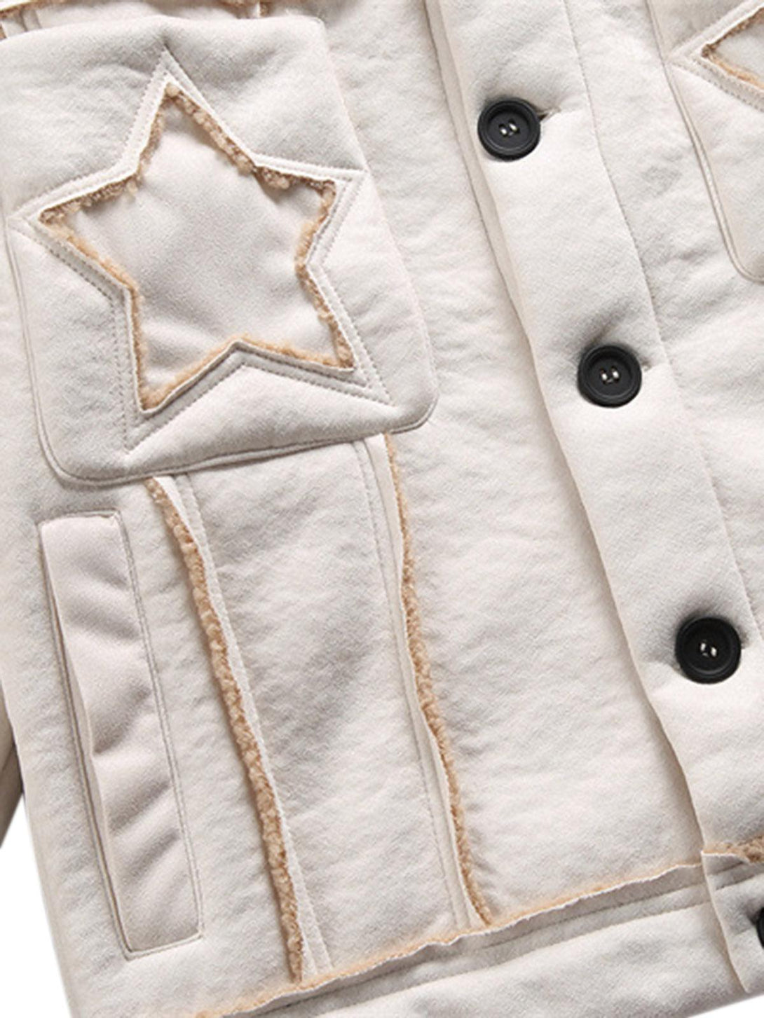 Intricate look at TALISHKO fleece jacket, featuring star embroidery and raw edge details.