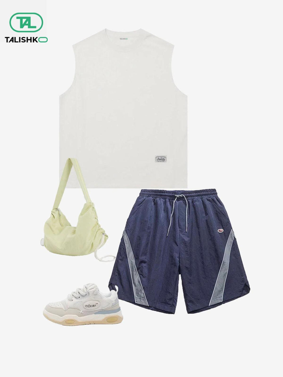 Casual summer outfit featuring TALISHKO reflective stripe shorts, white tank, sneakers, and bag.