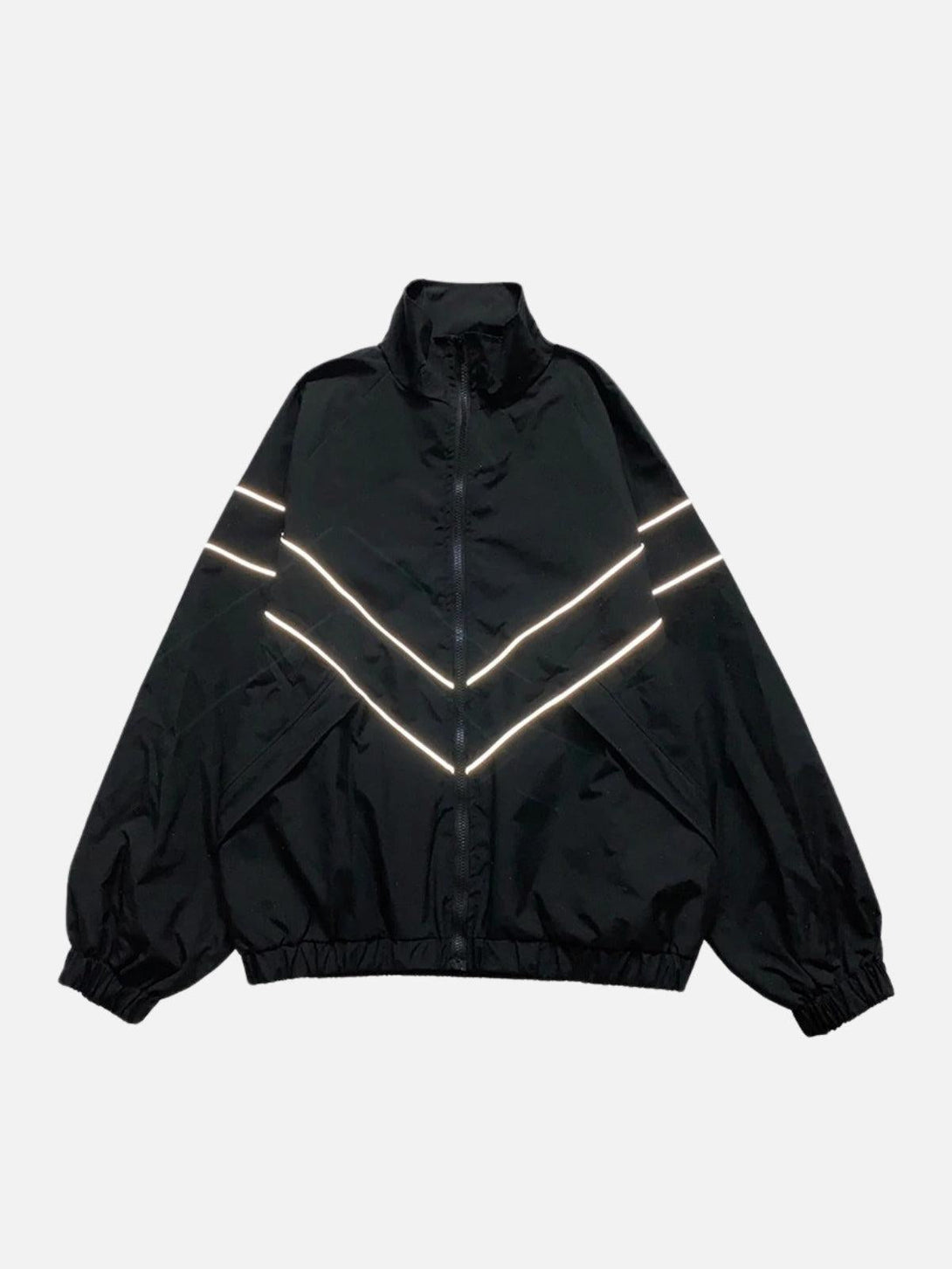 Reflective striped jacket by TALISHKO, front view with chevron design and relaxed fit.