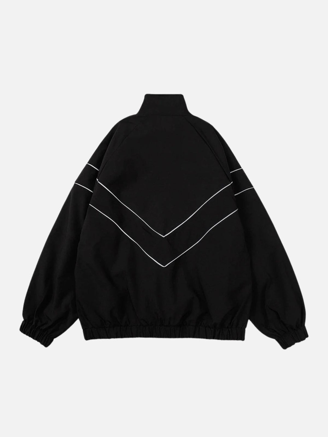 Back view of a black reflective striped jacket by TALISHKO, featuring a chevron pattern.