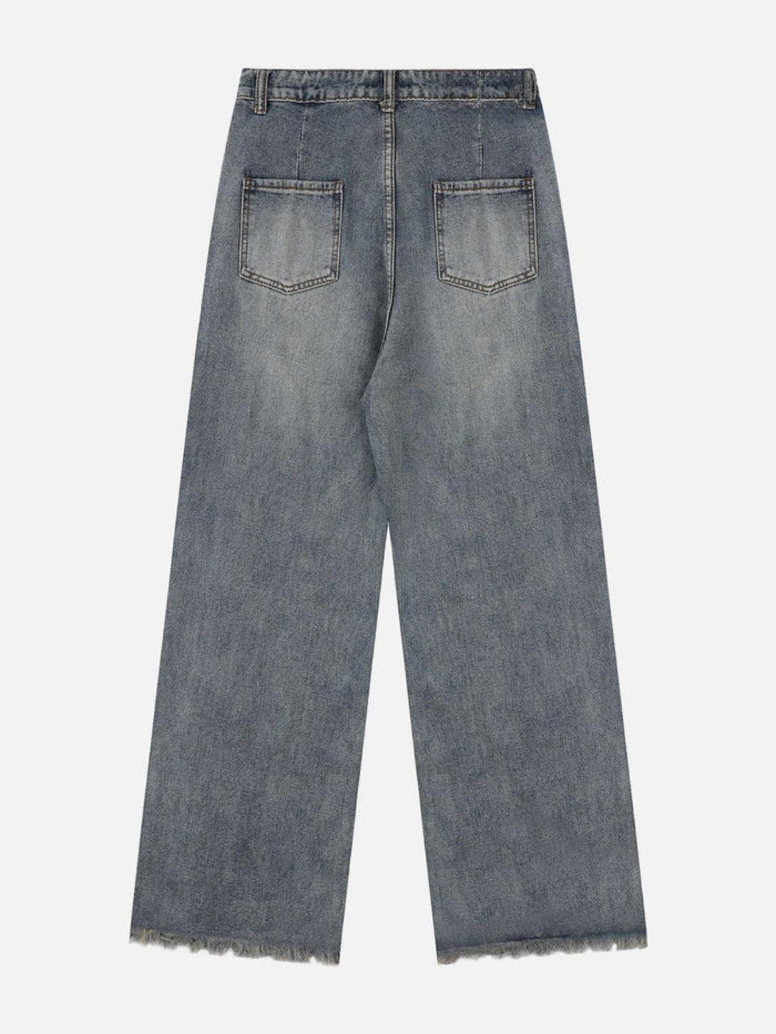 Back view of TALISHKO loose jeans showcasing a faded wash and raw hem detail.