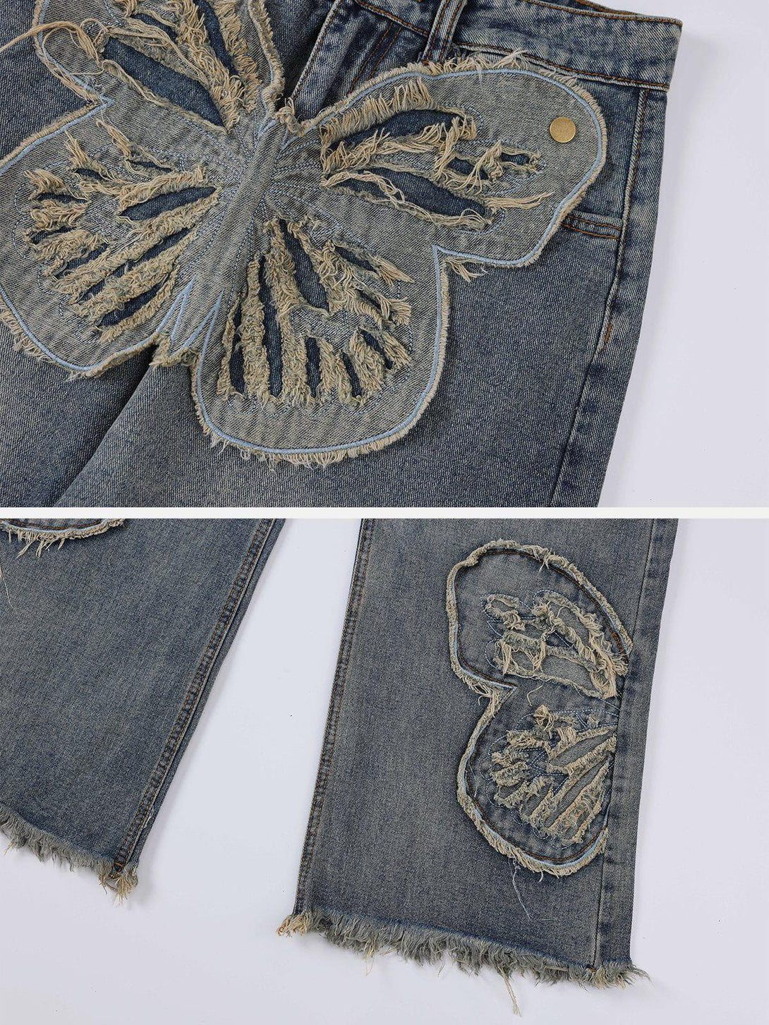 TALISHKO jeans featuring frayed butterfly patches and distressed hem, showcasing unique denim style.