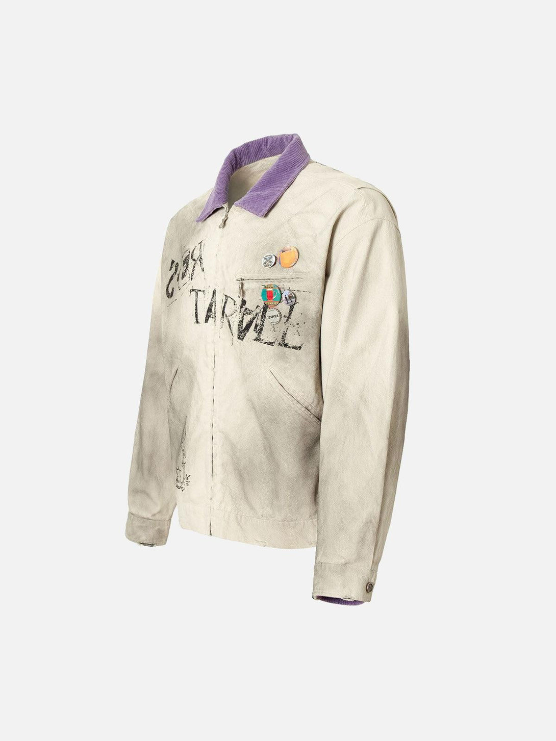 Side view of TALISHKO's Retro Badge Dirty Dye Detroit Jacket with a purple collar and badges.