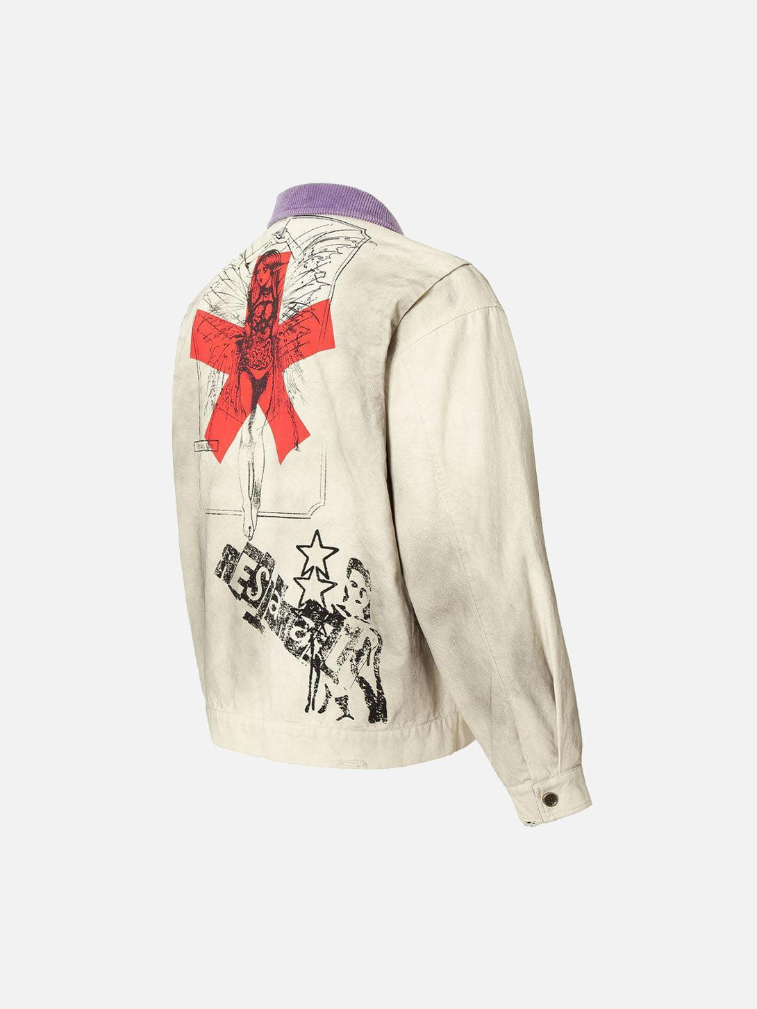 Back of TALISHKO jacket with artistic graphics and a purple collar, showcasing edgy style.