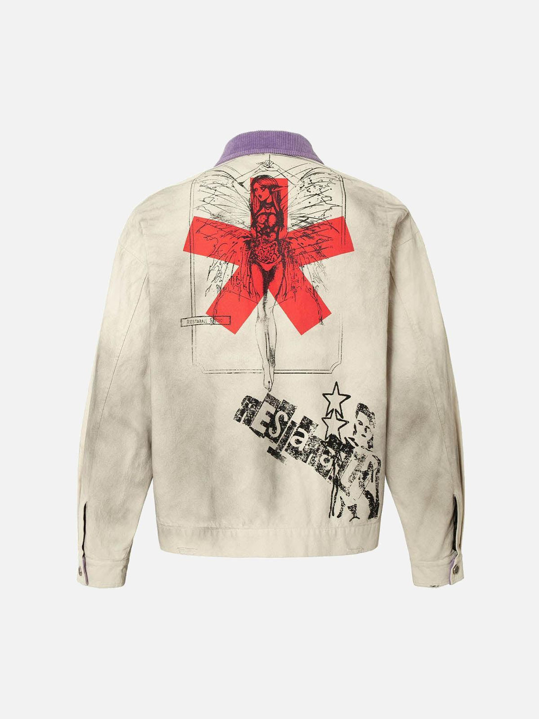 Back view of TALISHKO jacket with artistic graphics and bold red accents for a unique style.