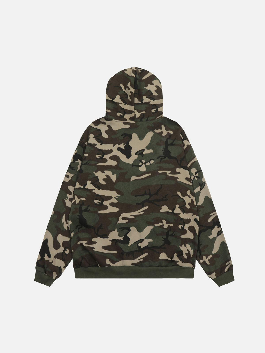 Back view of a retro camo hoodie by TALISHKO, showcasing its classic camouflage pattern.