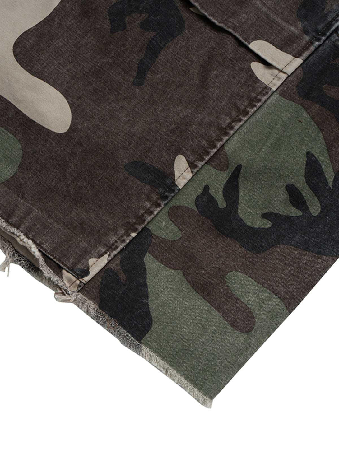 Detailed fabric and stitching of TALISHKO's retro camouflage shorts, emphasizing raw edges.