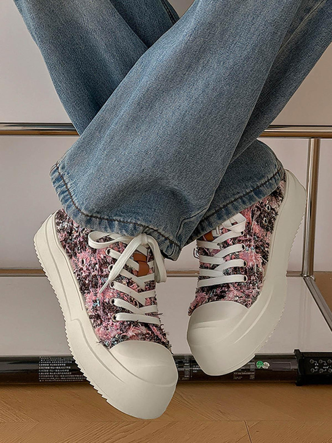 Casual look with TALISHKO retro canvas sneakers, featuring a pink and black textured design.