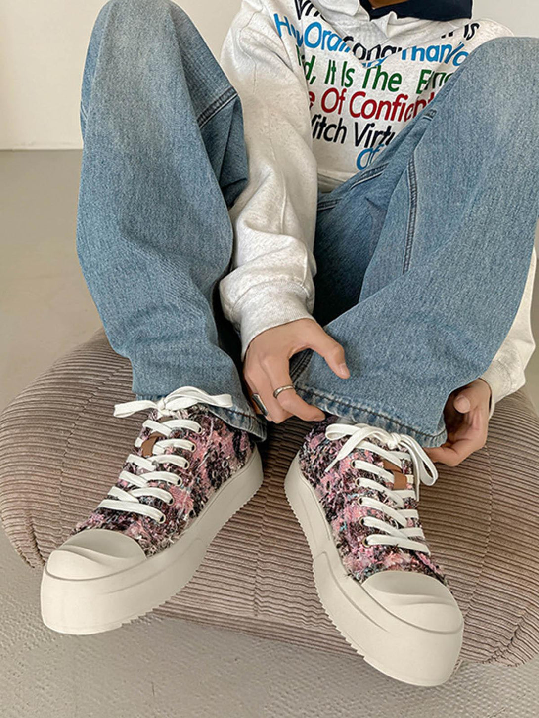 Cozy look with retro canvas sneakers by TALISHKO, featuring a pink and black textured design.