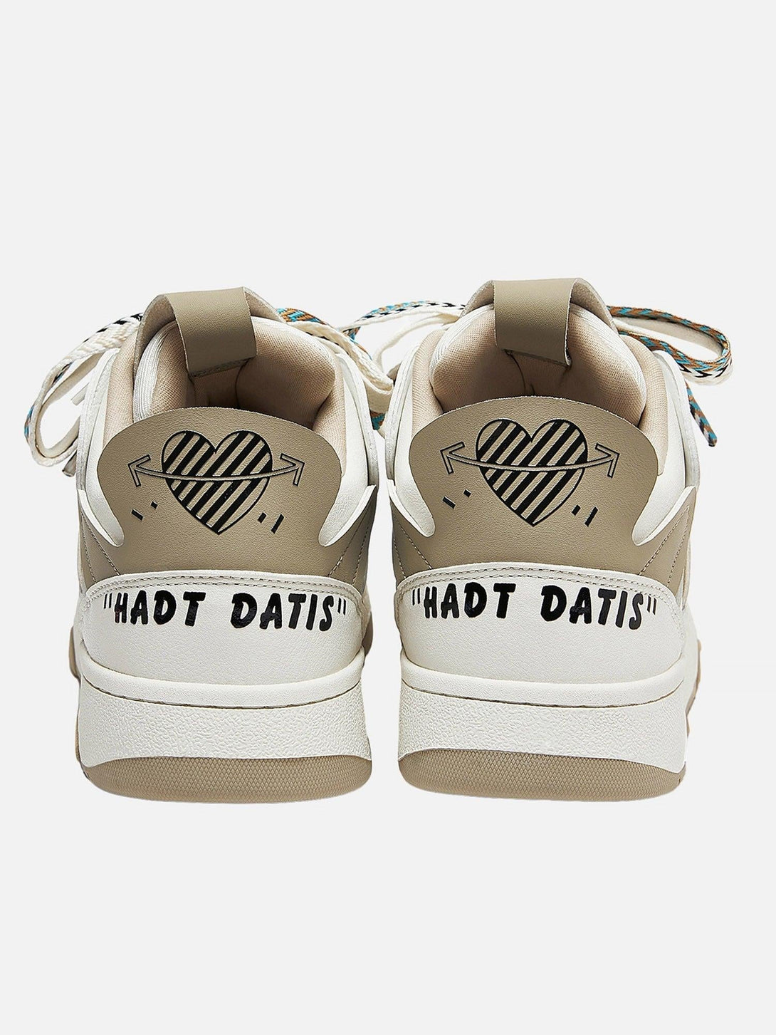 TALISHKO retro sneakers' back view, featuring heart details and "HADT DATIS" design.