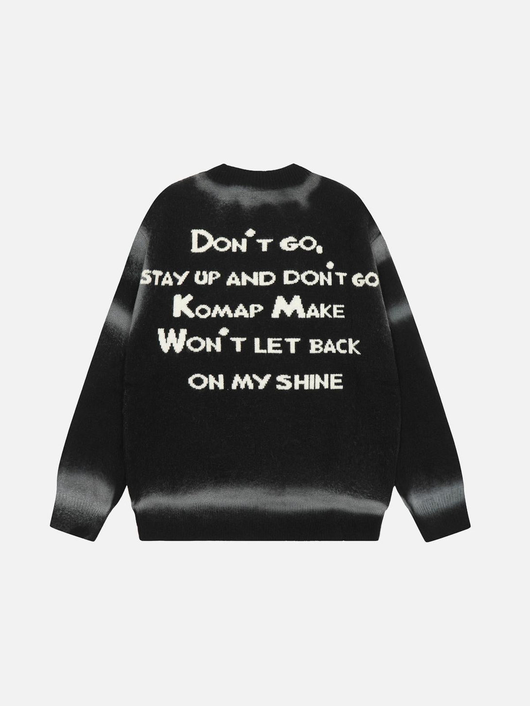 Back view of TALISHKO's black retro character sweater with bold lettering design.