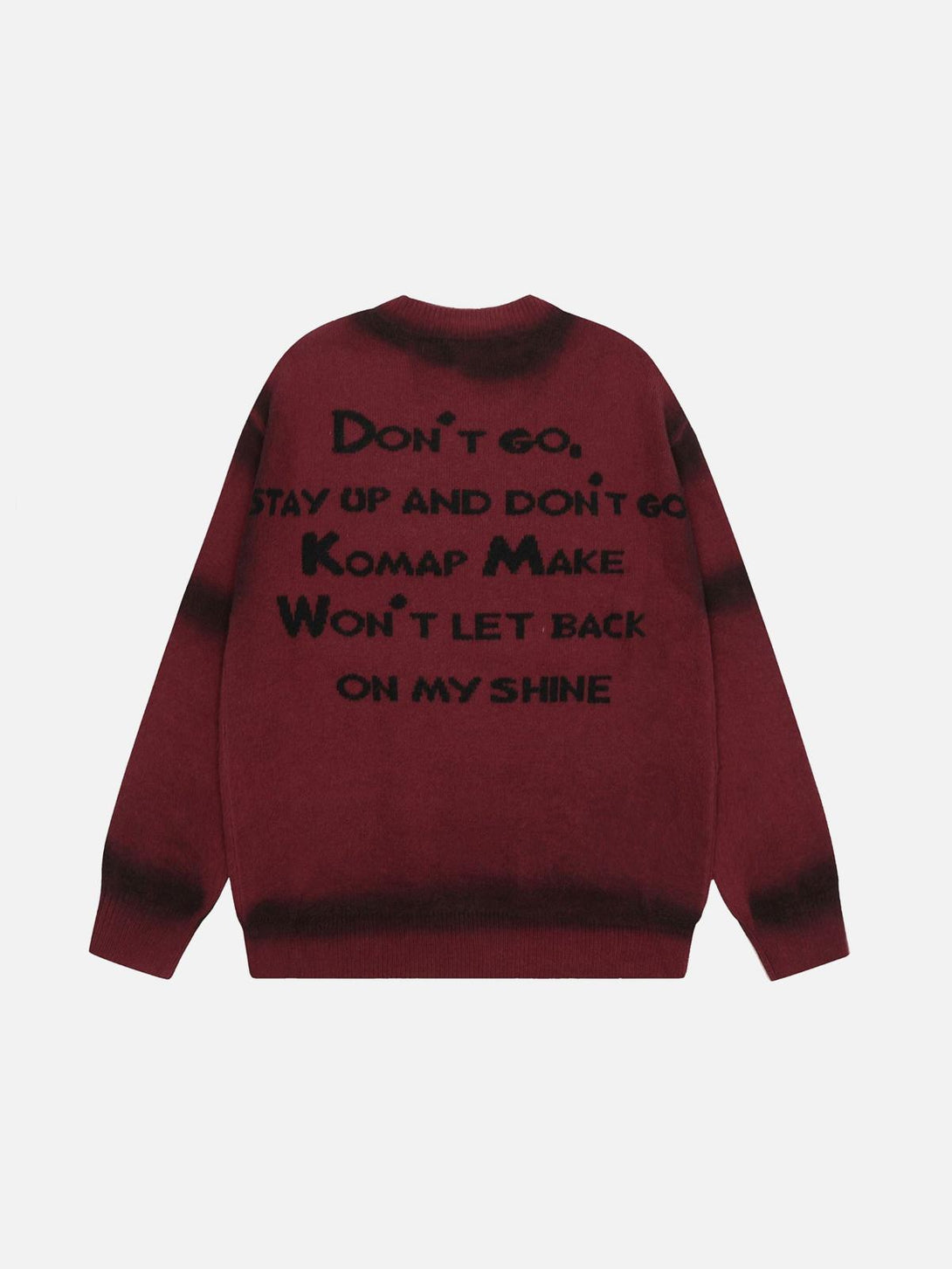 Back view of TALISHKO's red sweater showcasing bold lettering and retro style.