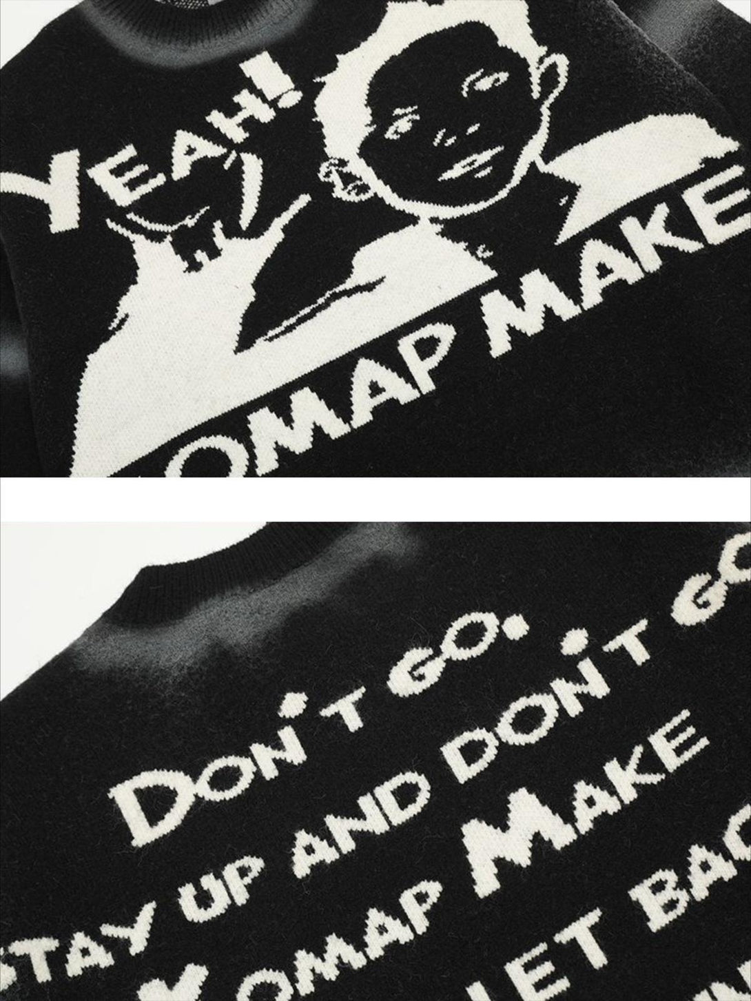A closer look at the bold lettering on TALISHKO's retro character sweater in black and white.